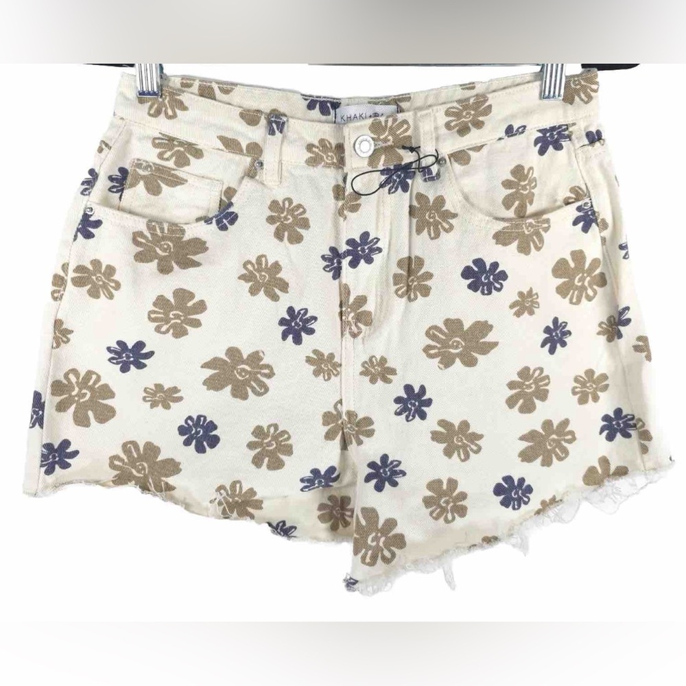 NWOT KHAKI & BLUE Flower Print Twill Frayed Raw Hem Cut-Off Denim Shorts 11/30‎